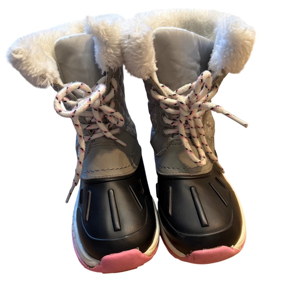 Carters Kids Snow Boots Quilted Gray Pink Laces Faux Fur Lined Winter‎ Size 12